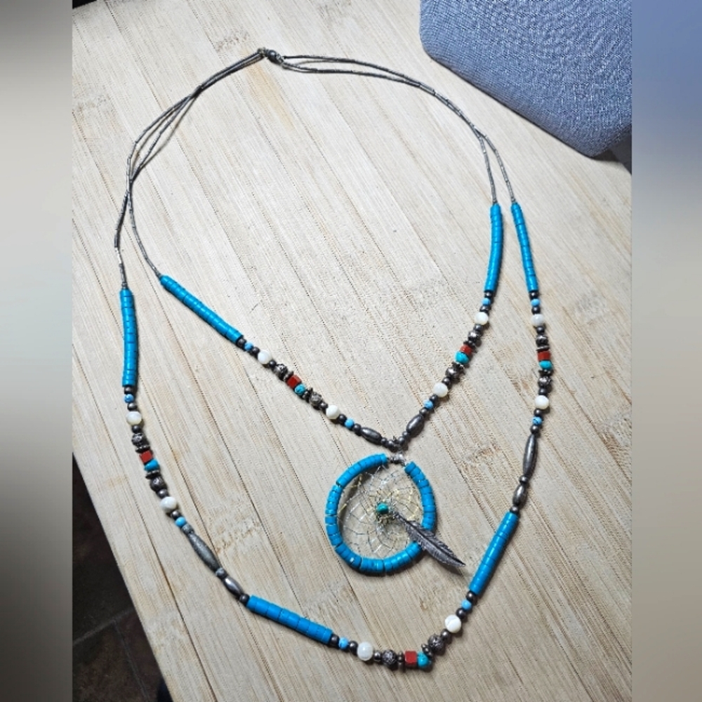 Vintage Native American 925 Turquoise Beaded multi strand Necklace